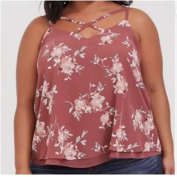 Torrid Brand Size 0 Sophie Chiffon Strappy Swing Cami Blouse Floral Mauve - Picture 1 of 5